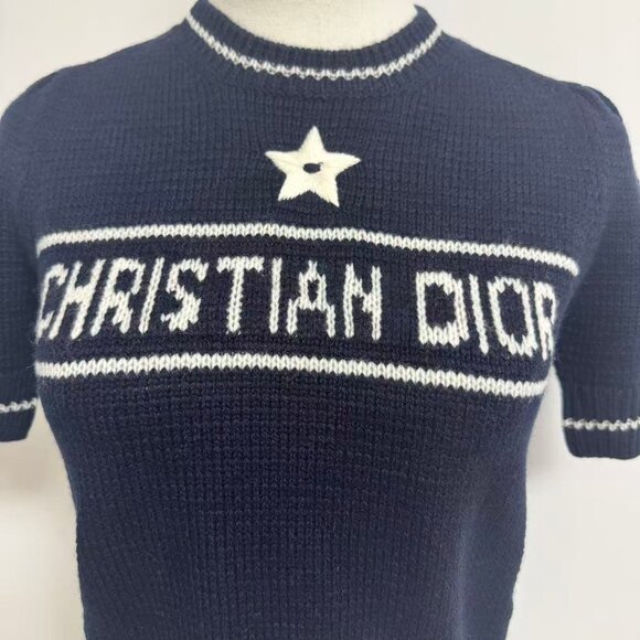 Christian Dior Short-Sleeved Sweater Navy Blue Cashmere and Wool Knit - Picture 5 of 10
